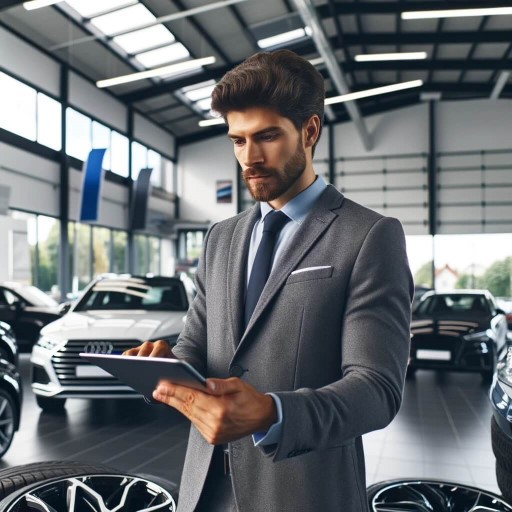 B2B Online-Reifenhandel im Autohaus - die Premium Plattform Pneus100 Autohausverkäufer nutzt Tablet zur Reifenbestellung auf pneus100.fr vor PKWs und Reifen